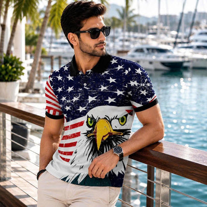 Vintage Distressed American Flag Eagle Polo Shirt, Patriotic USA Style Top