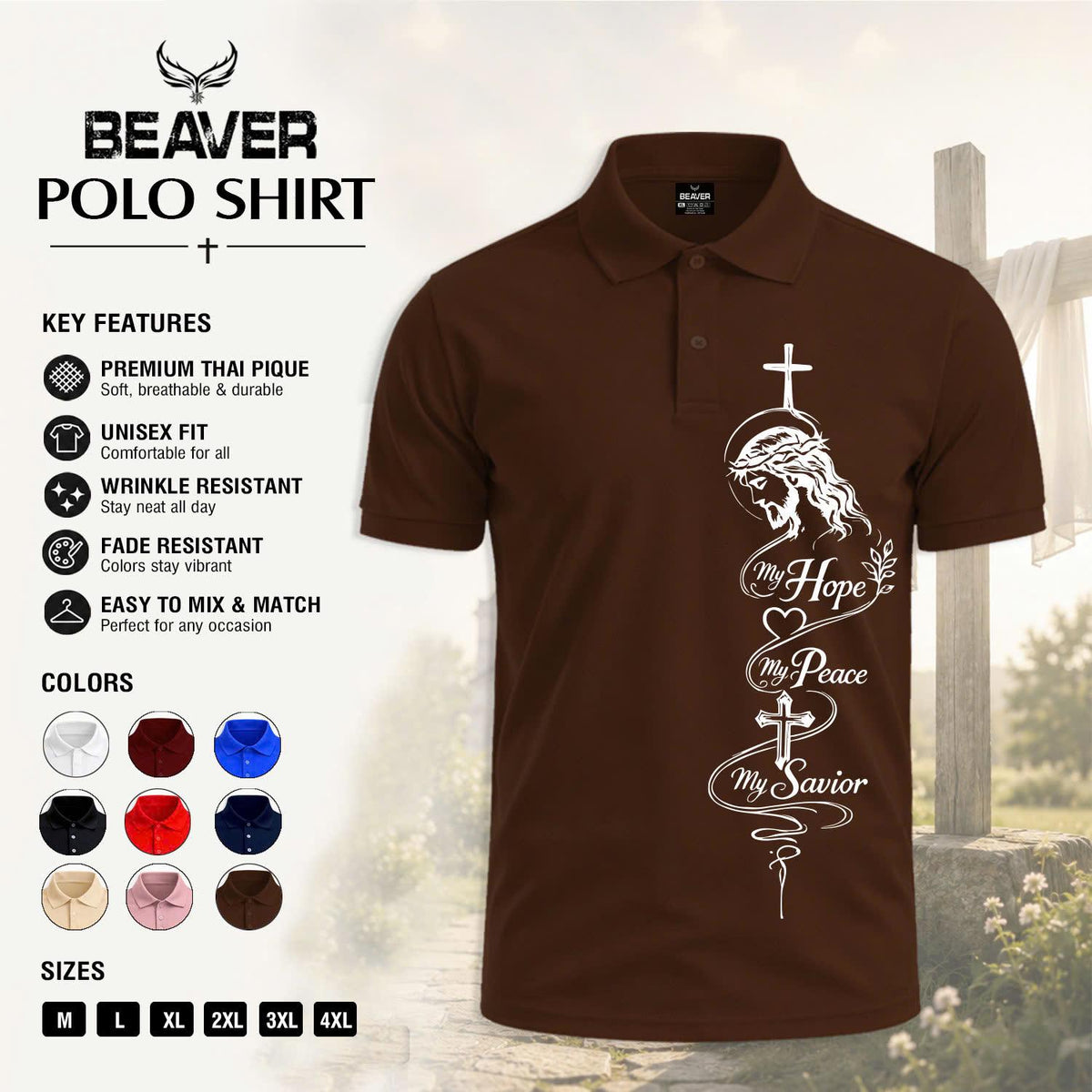 Hope Peace Savior Cross Graphic Polo Shirt, Men's Casual Short Sleeve Top, Christian Design