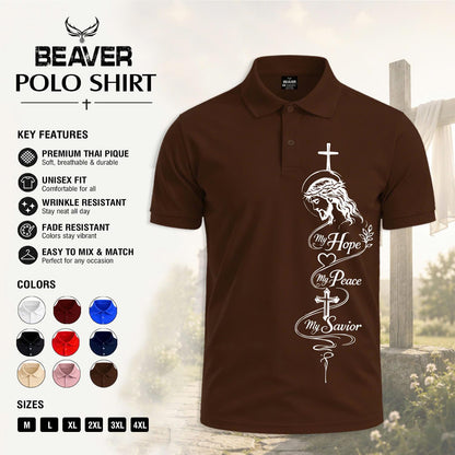 Hope Peace Savior Cross Graphic Polo Shirt, Men's Casual Short Sleeve Top, Christian Design