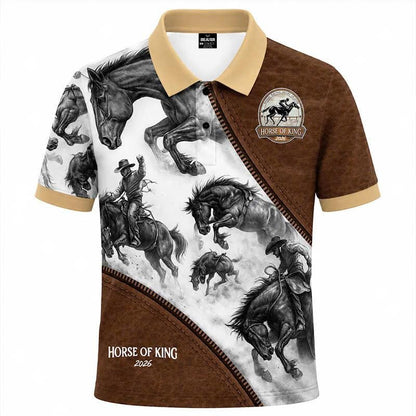 Wild Horse Western Polo Shirt, Cowboy Riding Print, Casual Short Sleeve Collared Shirt