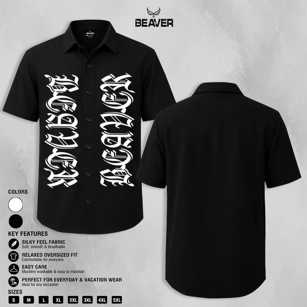 Gothic Letter Graphic Shirt, Bold Old English Typography, Casual Short Sleeve Button Up Shirt