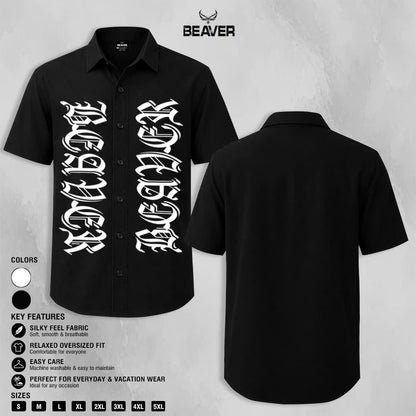 Gothic Letter Graphic Shirt, Bold Old English Typography, Casual Short Sleeve Button Up Shirt