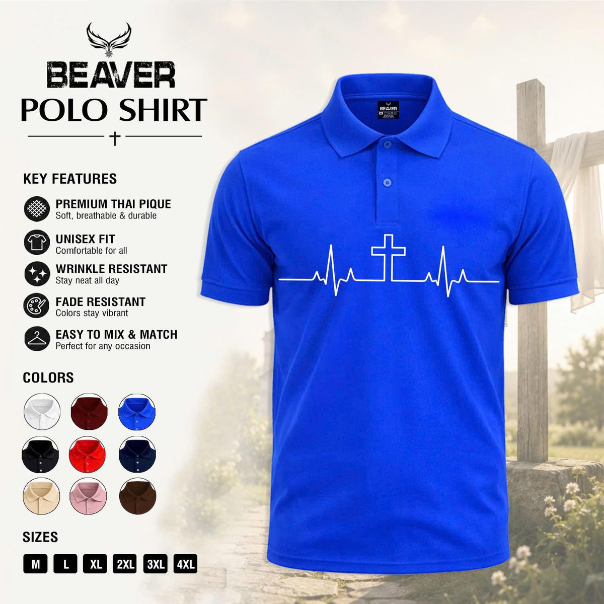 Heartbeat Cross Polo Shirt, Faith Inspired Design, Men's Casual Short Sleeve Top