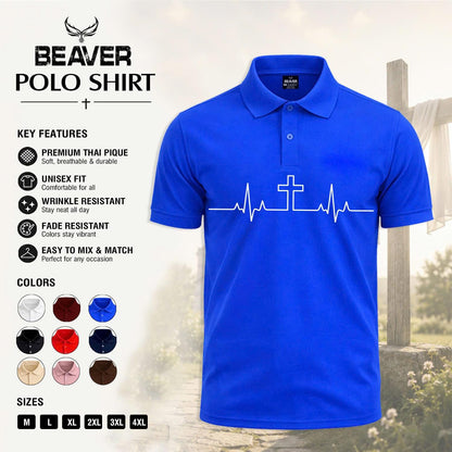 Heartbeat Cross Polo Shirt, Faith Inspired Design, Men's Casual Short Sleeve Top