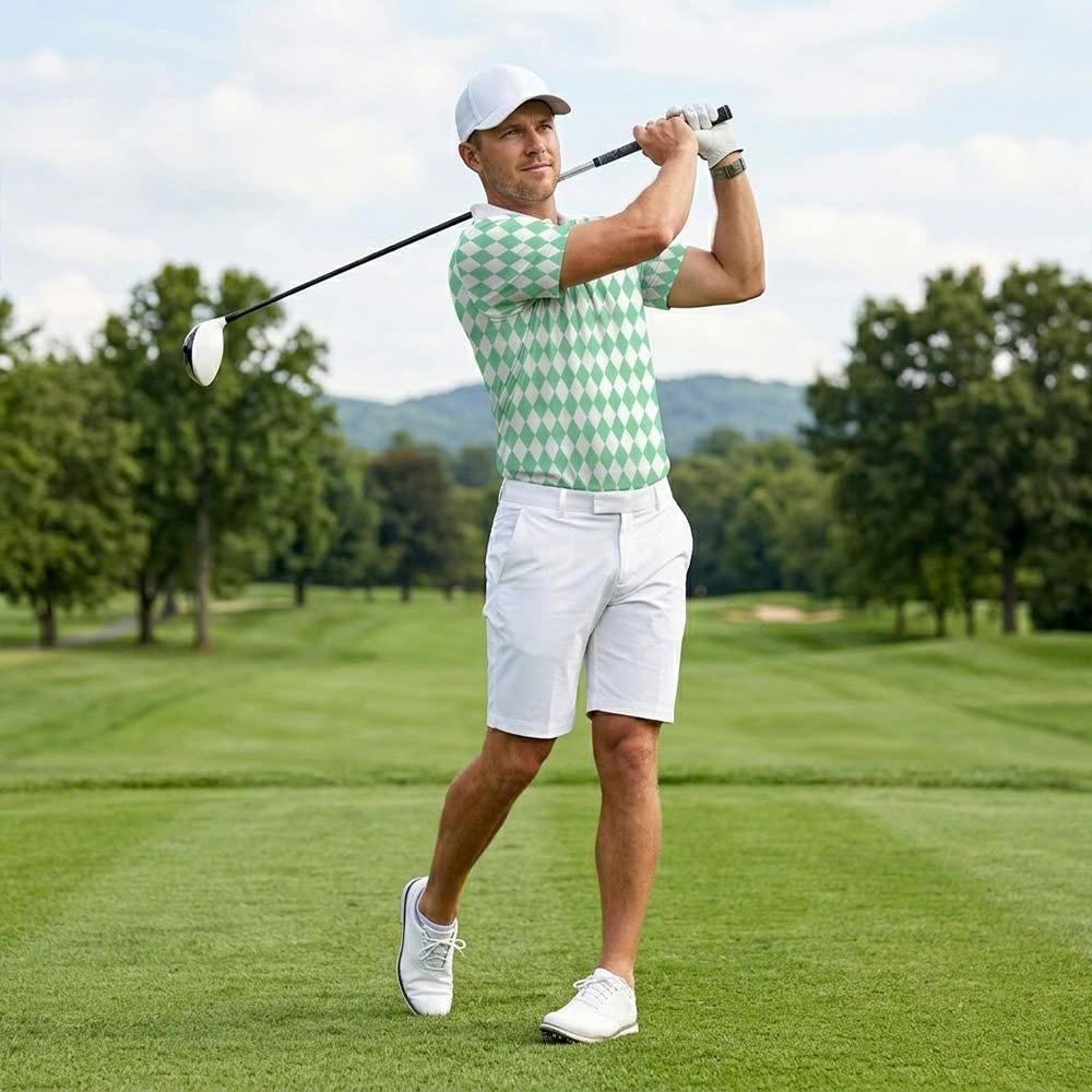 Men’s Athletic Golf Polo 07 – Green Diamond Harlequin Pattern Polo Shirt