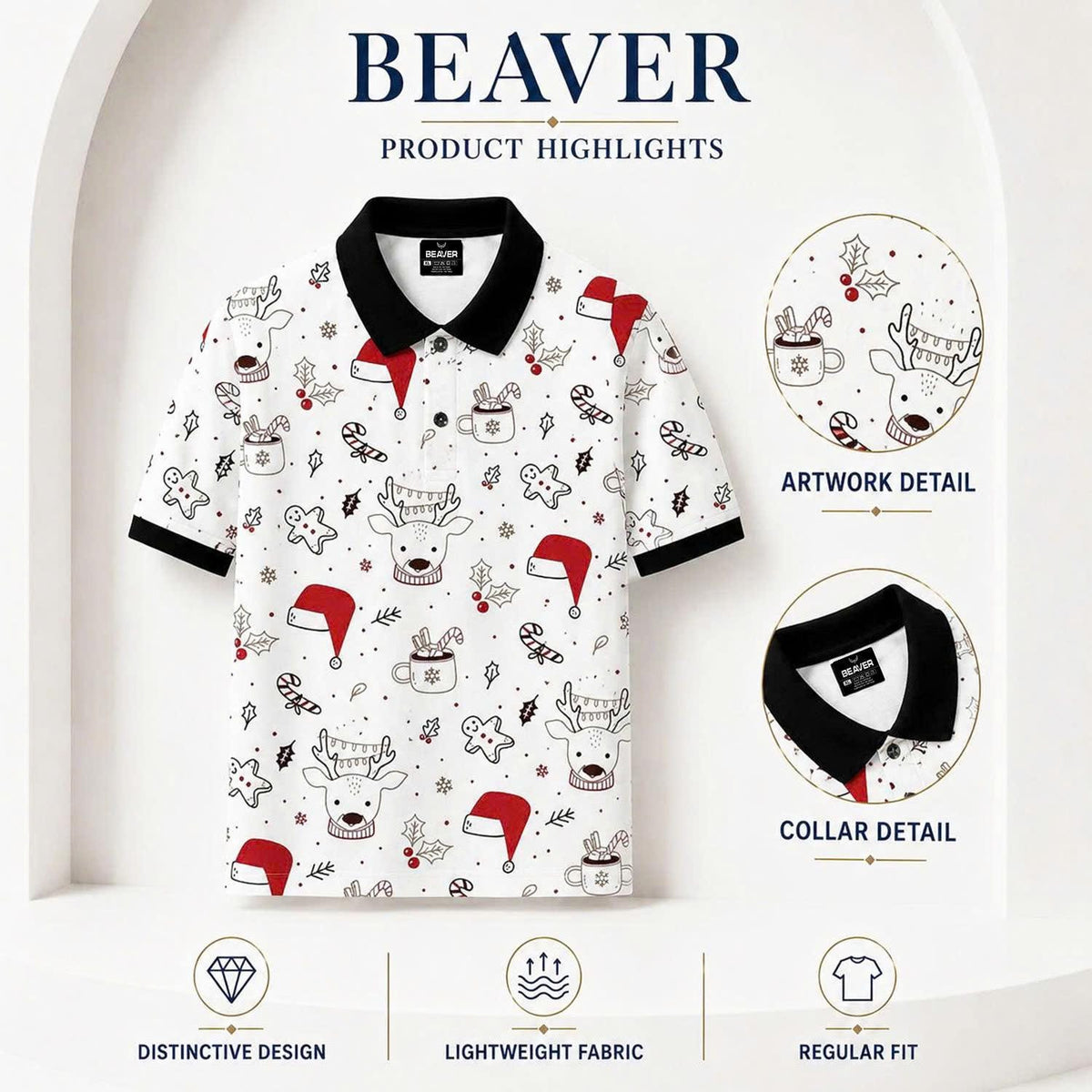 Mens Christmas Polo Shirt, Reindeer Santa Hat Print, Festive Holiday Outfit