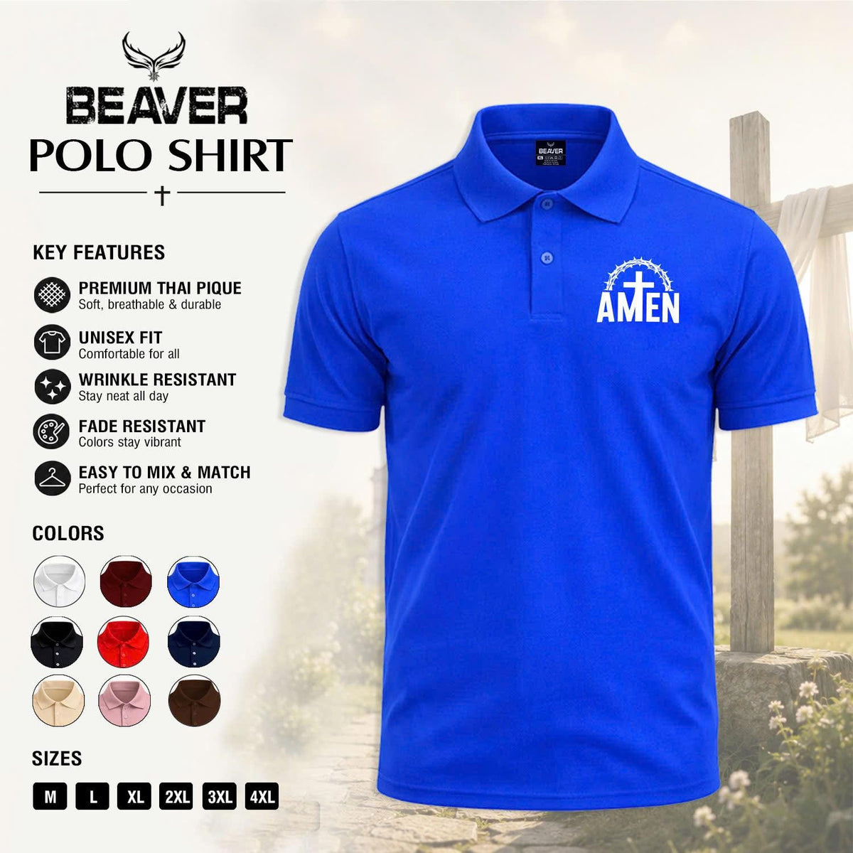 Amen Cross Graphic Polo Shirt, Crown of Thorns Design, Men's Casual Short Sleeve Top