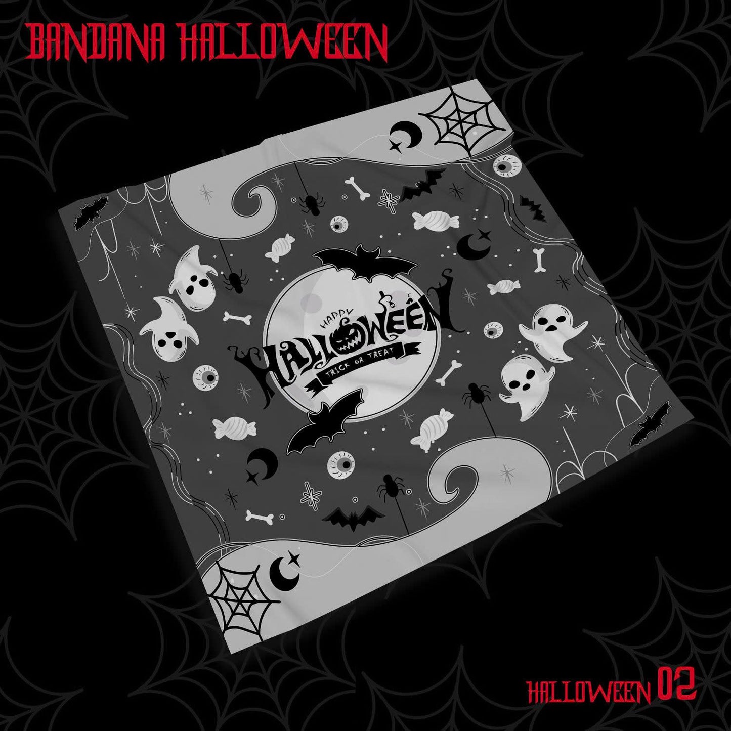 Halloween Bandana Scarf – Spooky Ghosts, Skulls, Pumpkins Print – Square Headband, Dog Scarf, Costume Accessory