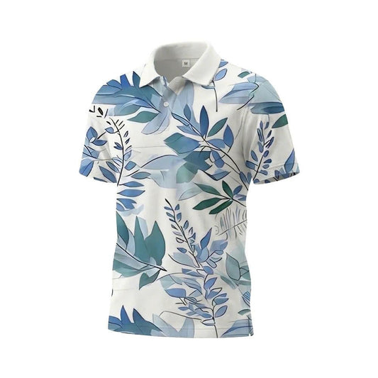 Men’s Athletic Golf Polo 16 – Watercolor Blue Leaf Pattern Polo Shirt