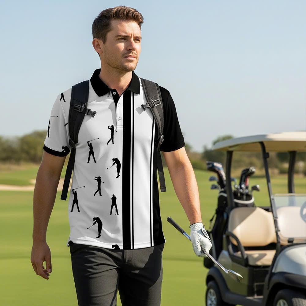 Men's Athletic Golf Polo 21 – Black & White Golfer Silhouette Stripe Polo Shirt