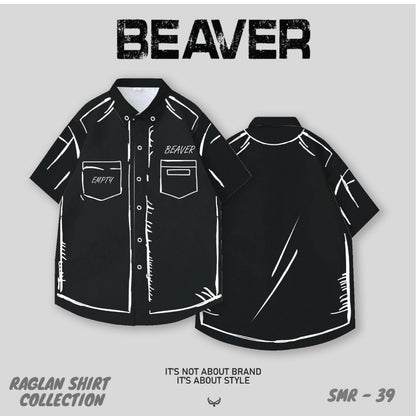 BEAVER Sketch Graphic Button-Up Shirt, Oversized Black & White Streetwear, Unisex Casual Summer Top