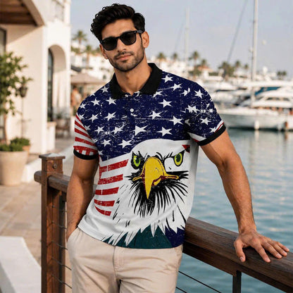 Vintage Distressed American Flag Eagle Polo Shirt, Patriotic USA Style Top