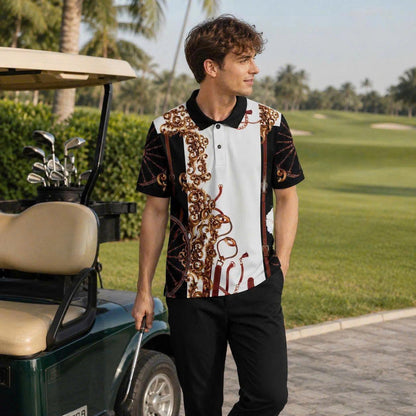 Baroque Ornamental Polo Shirt, Luxury Chain and Strap Print, Men’s Casual Collared Top