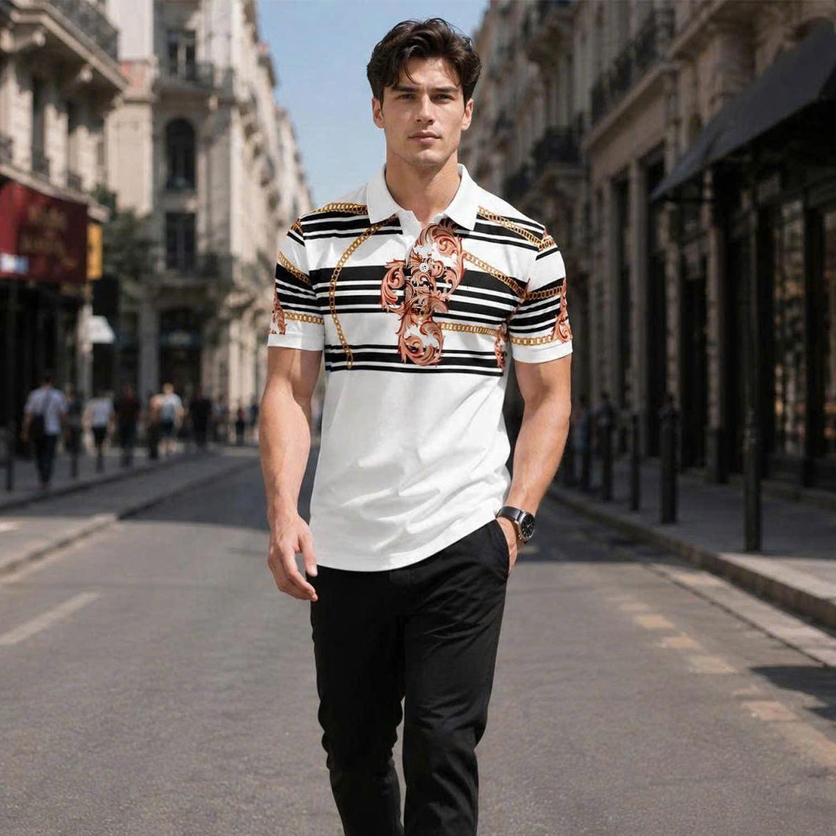 Vintage Baroque Chain Polo Shirt, Luxury Stripe Pattern, Unisex Fashion Top