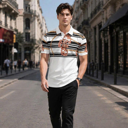 Vintage Baroque Chain Polo Shirt, Luxury Stripe Pattern, Unisex Fashion Top