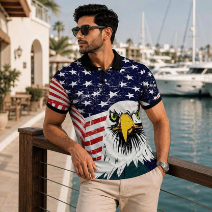 Vintage Distressed American Flag Eagle Polo Shirt, Patriotic USA Style Top