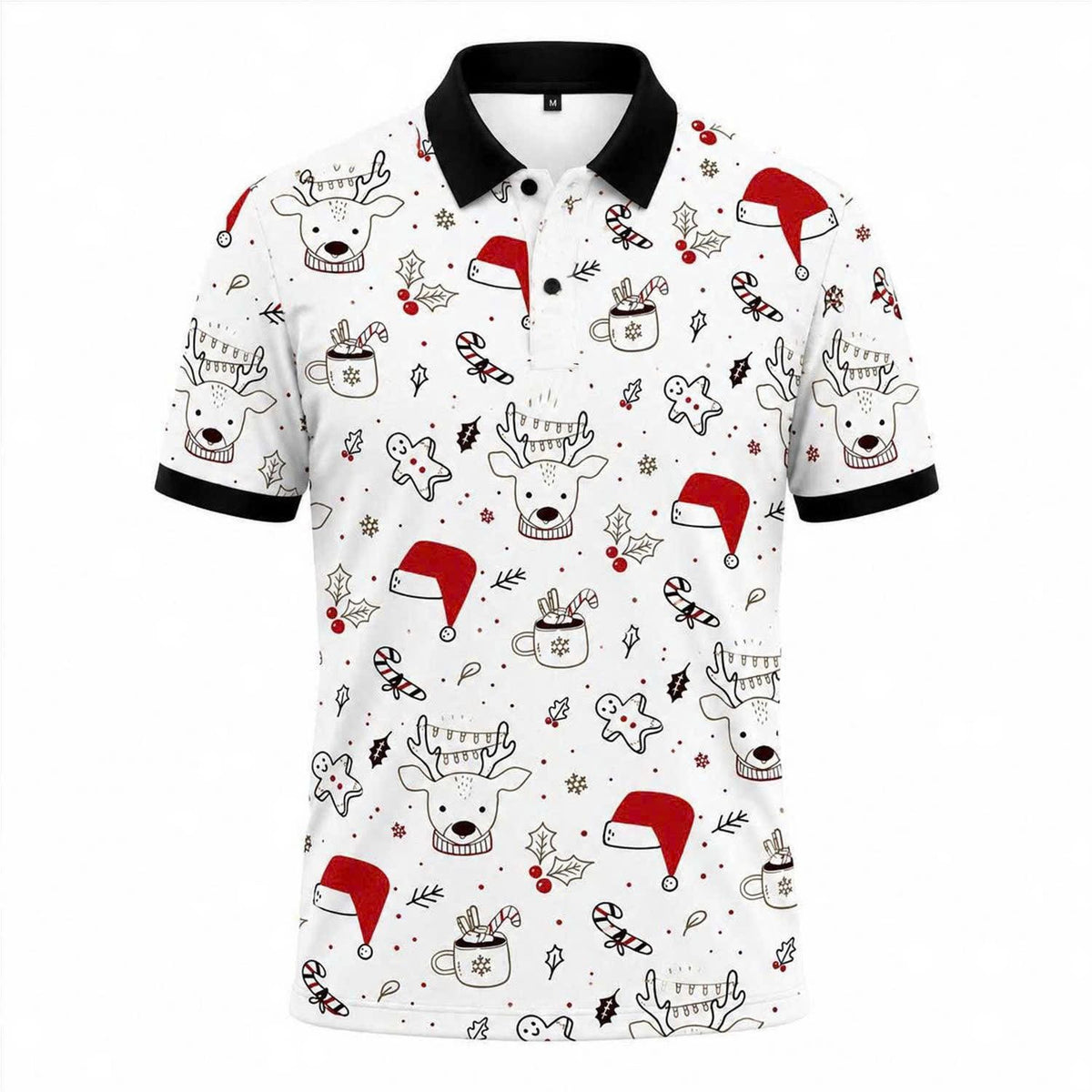 Mens Christmas Polo Shirt, Reindeer Santa Hat Print, Festive Holiday Outfit
