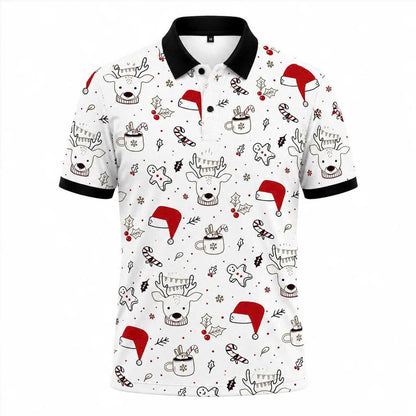 Mens Christmas Polo Shirt, Reindeer Santa Hat Print, Festive Holiday Outfit