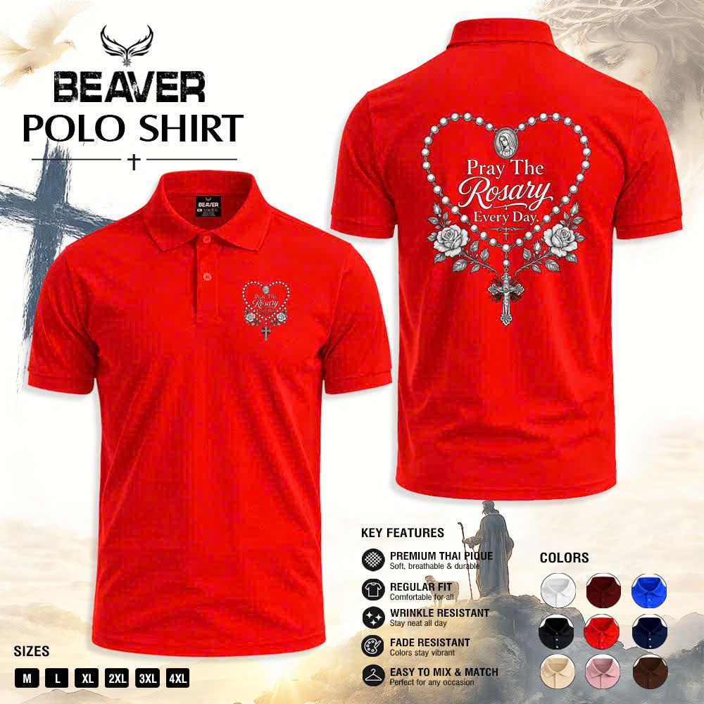 Pray The Rosary Every Day Polo Shirt, Sacred Rosary Heart Design, Men's Vintage Casual Top