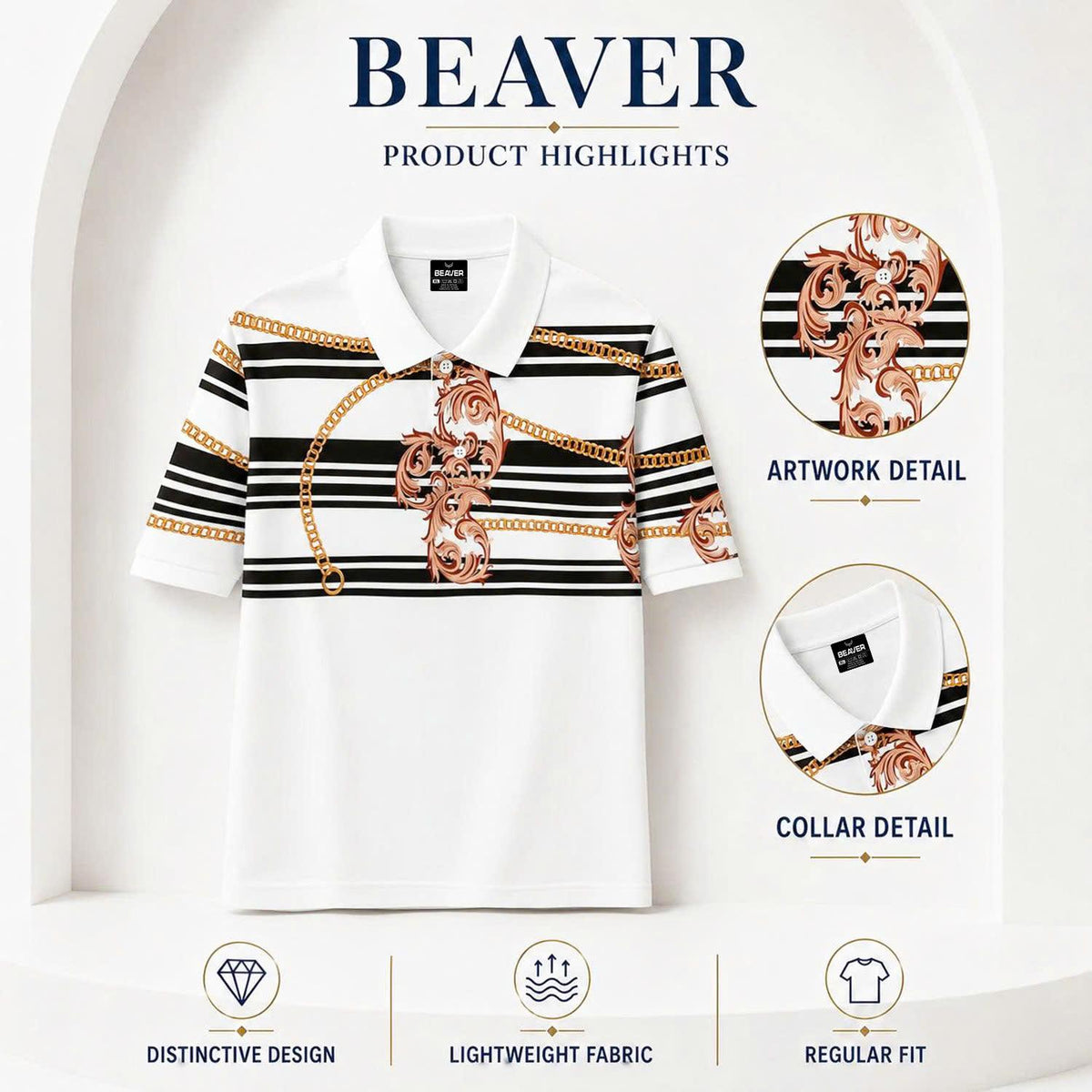 Vintage Baroque Chain Polo Shirt, Luxury Stripe Pattern, Unisex Fashion Top
