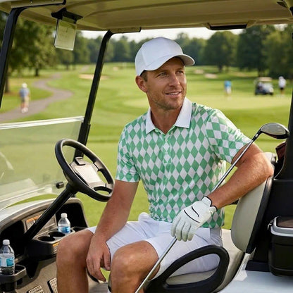 Men’s Athletic Golf Polo 07 – Green Diamond Harlequin Pattern Polo Shirt