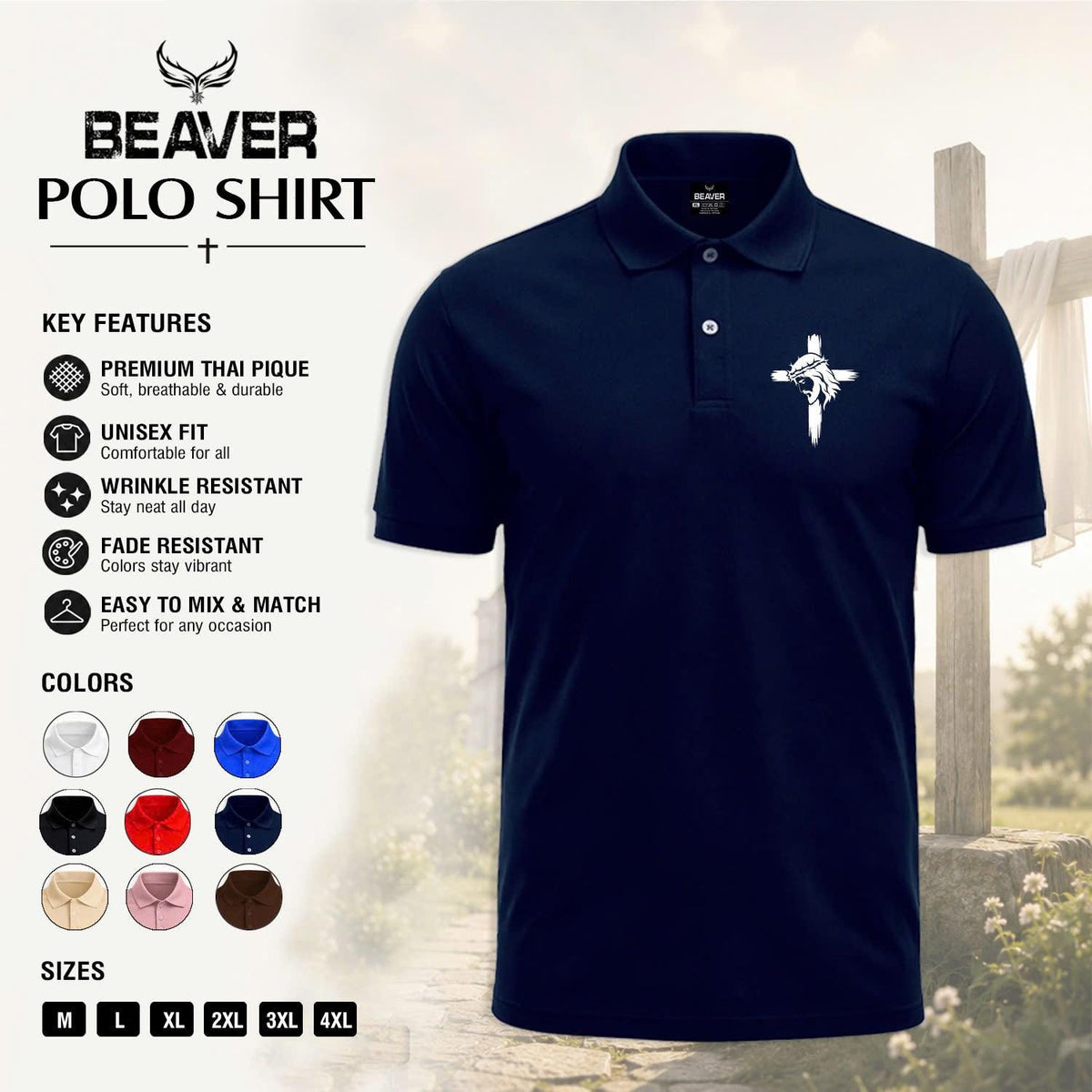 Cross Portrait Graphic Polo Shirt, Vintage Cross Design, Men's Casual Short Sleeve Top