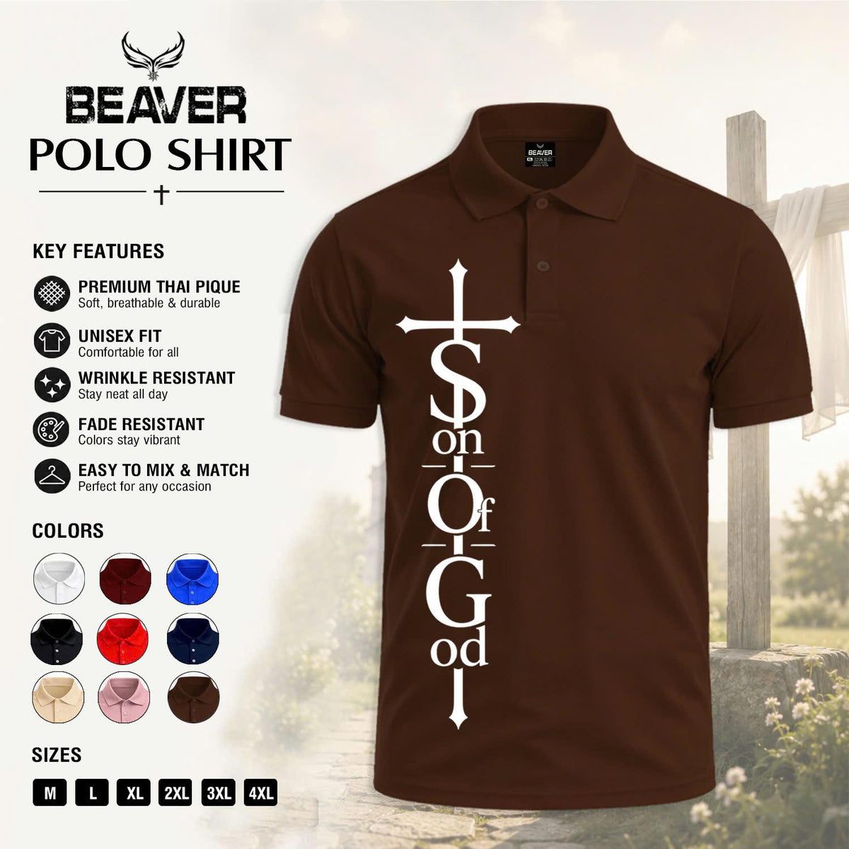 Son of God Cross Graphic Polo Shirt, Men's Casual Top, Vintage Christian Design