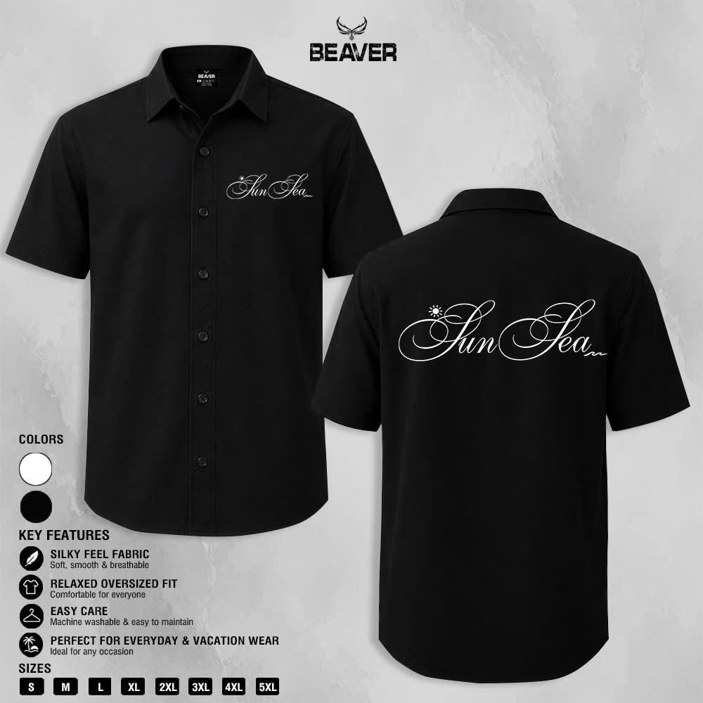 Sun Sea Script Graphic Shirt, Minimalist Coastal Design, Casual Short Sleeve Button Up Shirt