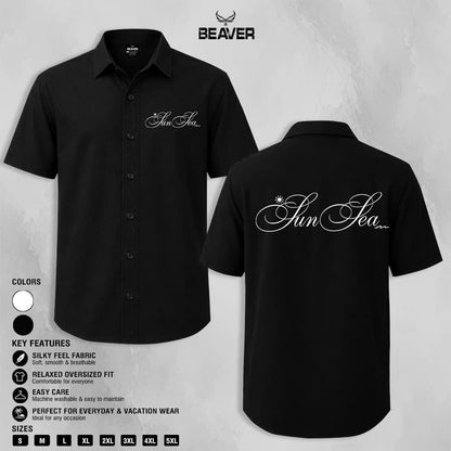 Sun Sea Script Graphic Shirt, Minimalist Coastal Design, Casual Short Sleeve Button Up Shirt