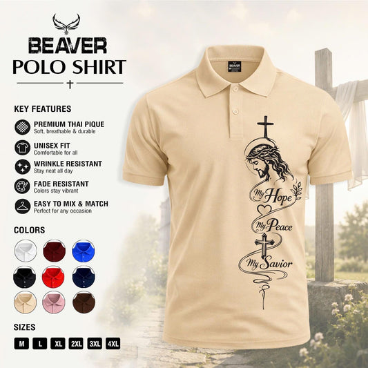Hope Peace Savior Cross Graphic Polo Shirt, Men's Casual Short Sleeve Top, Christian Design