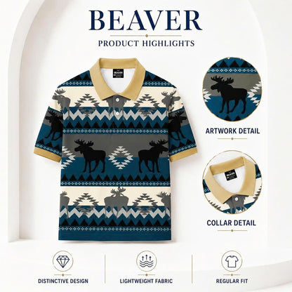 Moose Polo Shirt – Southwestern Tribal Pattern, Rustic Cabin Style