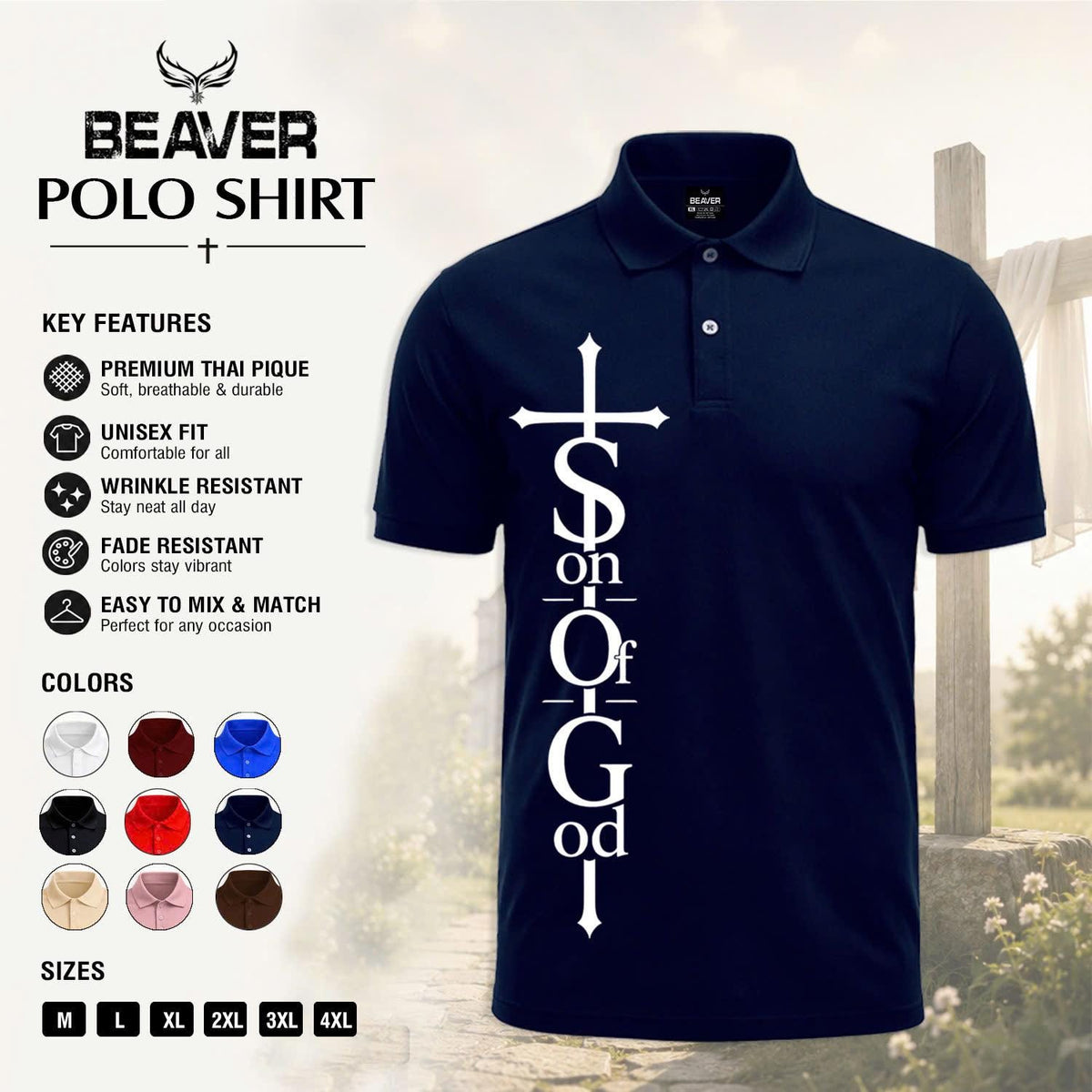 Son of God Cross Graphic Polo Shirt, Men's Casual Top, Vintage Christian Design