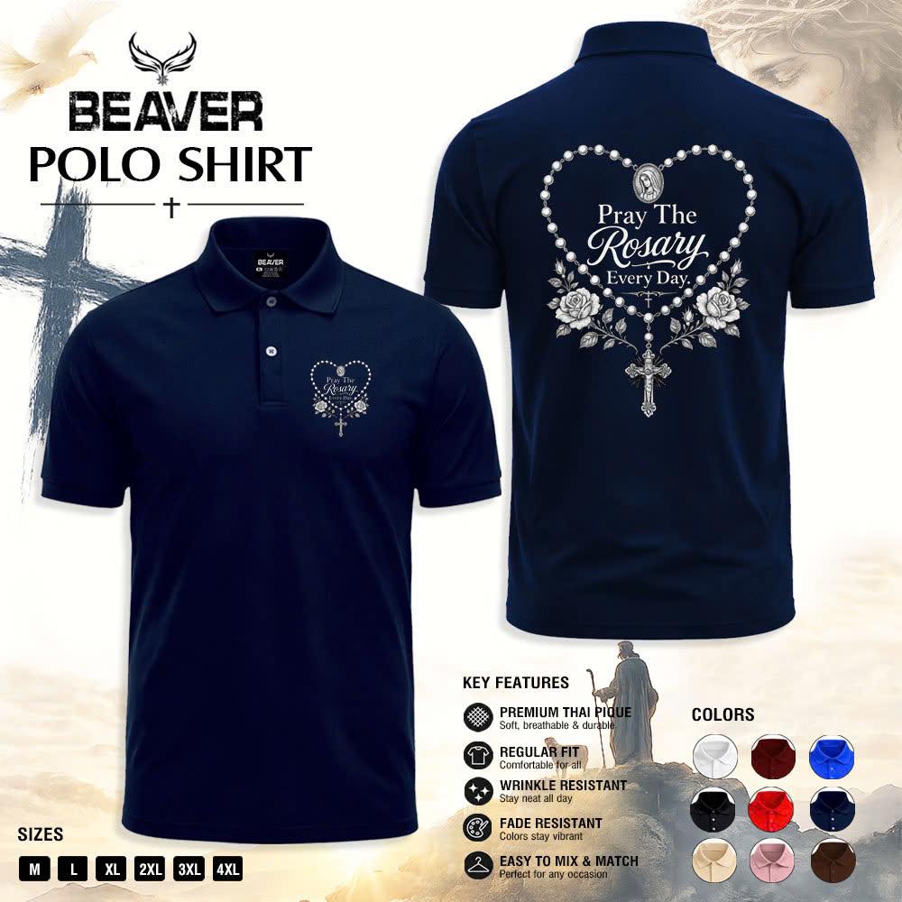 Pray The Rosary Every Day Polo Shirt, Sacred Rosary Heart Design, Men's Vintage Casual Top