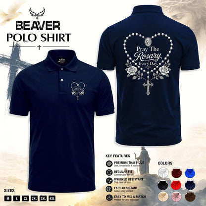 Pray The Rosary Every Day Polo Shirt, Sacred Rosary Heart Design, Men's Vintage Casual Top
