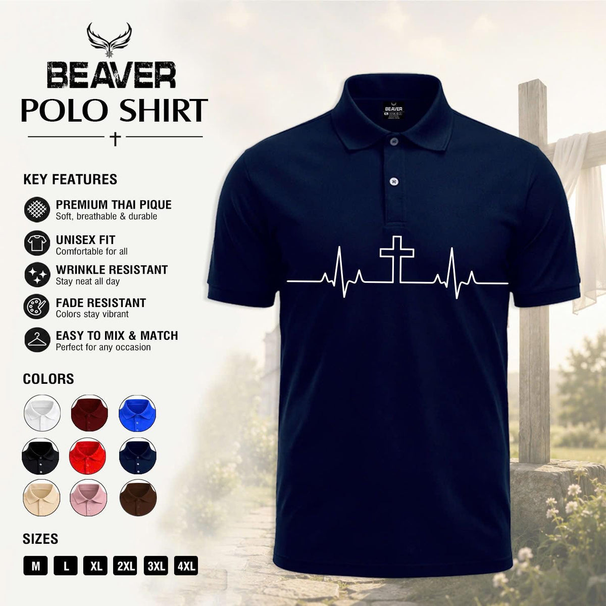 Heartbeat Cross Polo Shirt, Faith Inspired Design, Men's Casual Short Sleeve Top