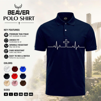 Heartbeat Cross Polo Shirt, Faith Inspired Design, Men's Casual Short Sleeve Top
