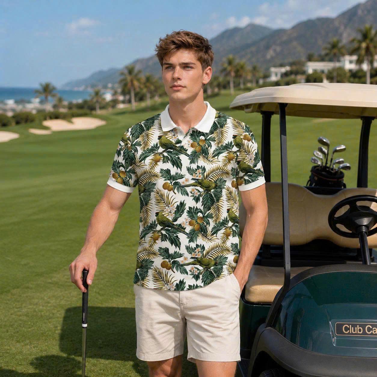 Botanical Garden Polo Shirt, Palm Leaf & Bird Print, Casual Short Sleeve Collared Shirt