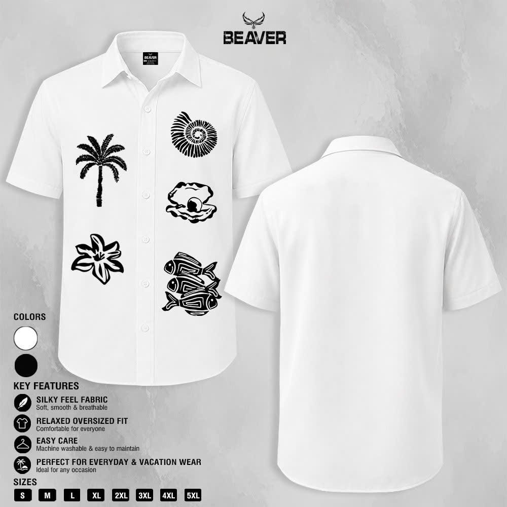 Tropical Ocean Graphic Shirt, Palm Tree Seashell Fish Print, Casual Short Sleeve Button Up