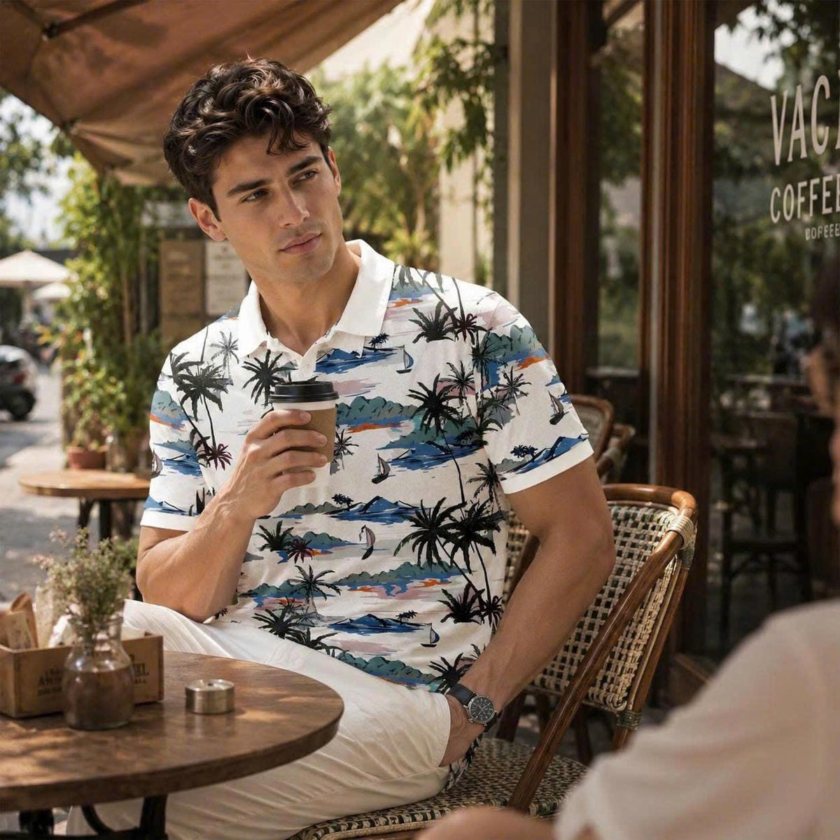 Island Paradise Polo Shirt, Palm Tree Sailboat Print, Casual Short Sleeve Collared Shirt