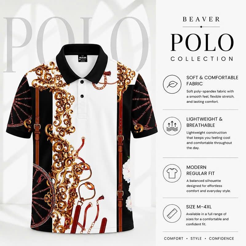 Baroque Ornamental Polo Shirt, Luxury Chain and Strap Print, Men’s Casual Collared Top