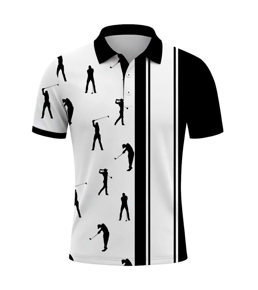 Men's Athletic Golf Polo 21 – Black & White Golfer Silhouette Stripe Polo Shirt