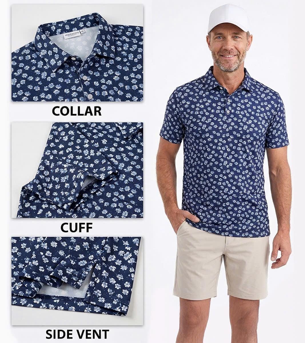 Men’s Athletic Golf Polo 03 – Navy Floral Dot Pattern Polo Shirt