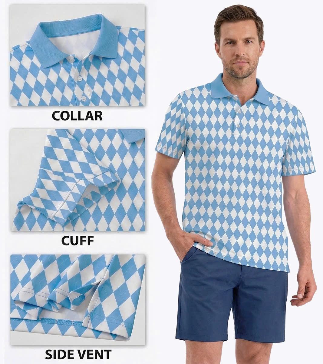 Men’s Athletic Golf Polo 05 – Light Blue Diamond Harlequin Pattern Polo Shirt