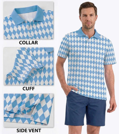 Men’s Athletic Golf Polo 05 – Light Blue Diamond Harlequin Pattern Polo Shirt