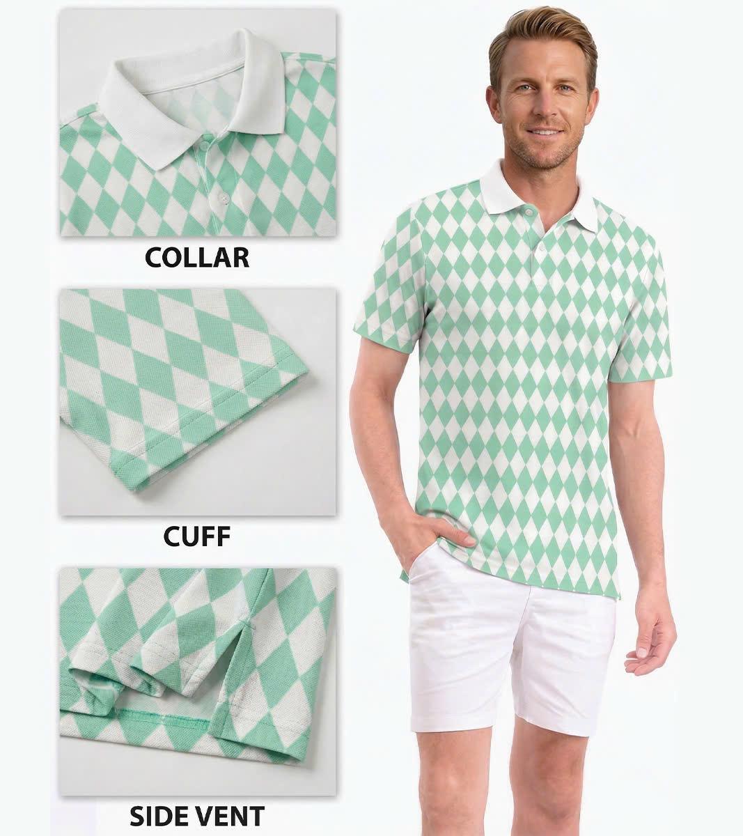 Men’s Athletic Golf Polo 07 – Green Diamond Harlequin Pattern Polo Shirt