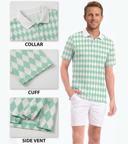 Men’s Athletic Golf Polo 07 – Green Diamond Harlequin Pattern Polo Shirt