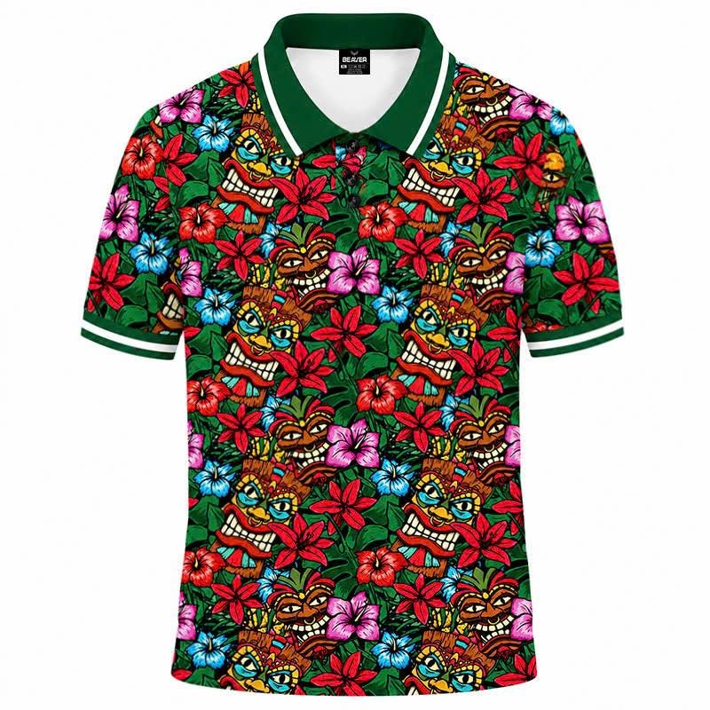 Tiki Mask Floral Polo Shirt, Hawaiian Hibiscus Print, Casual Short Sleeve Collared Shirt
