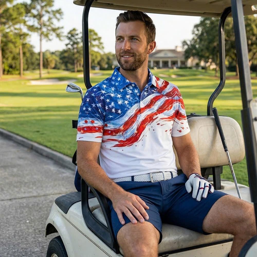 Men’s Athletic Golf Polo 14 – USA Flag Abstract Brushstroke Pattern Polo Shirt