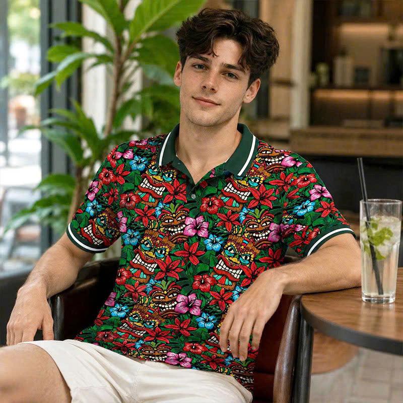 Tiki Mask Floral Polo Shirt, Hawaiian Hibiscus Print, Casual Short Sleeve Collared Shirt