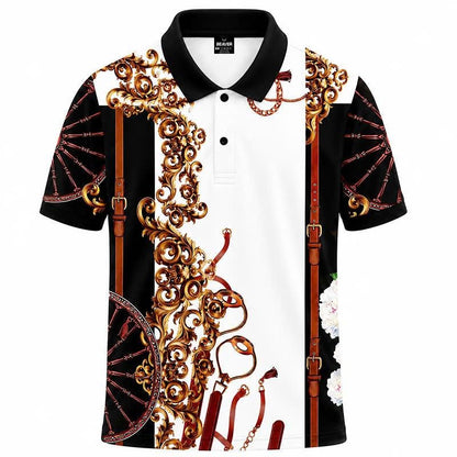 Baroque Ornamental Polo Shirt, Luxury Chain and Strap Print, Men’s Casual Collared Top